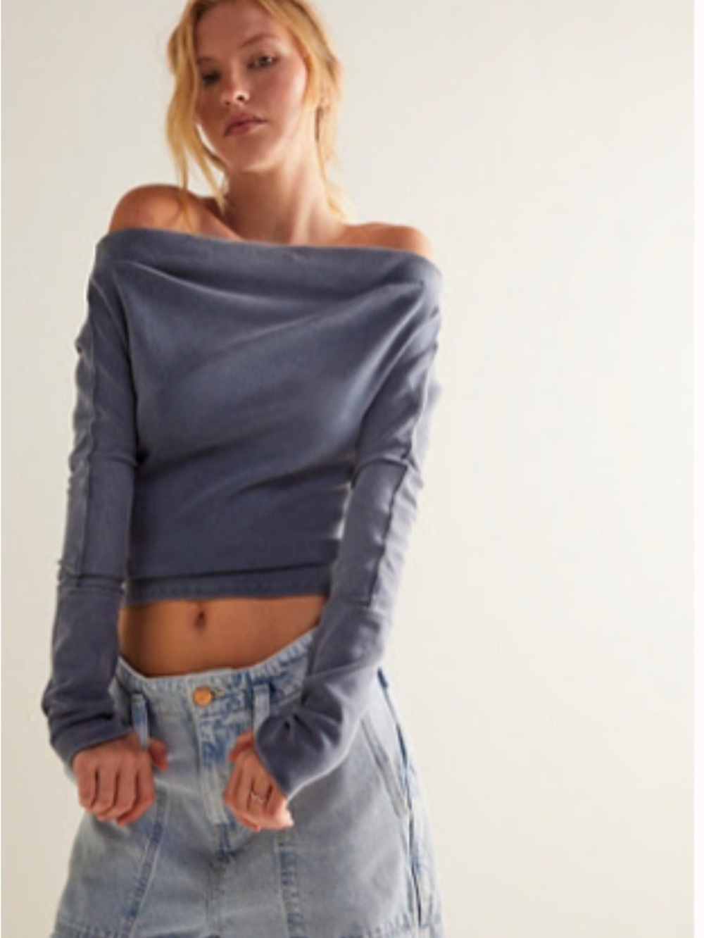 We The Free Off-the-Shoulder Crop Sweater in Dusty Blue